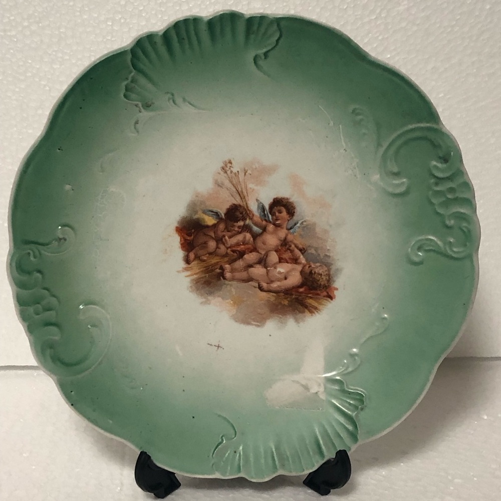 Decorative Cherubs Porcelain Plate in Seafoam Green 8”
